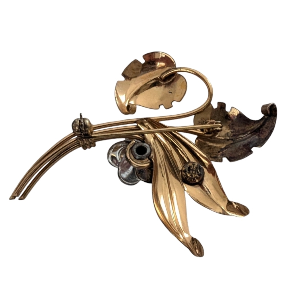 HARRY ISKIN Vintage Sapphire Brooch 1940 12K Gold Filled Floral Bouquet Pin - Picture 5 of 8